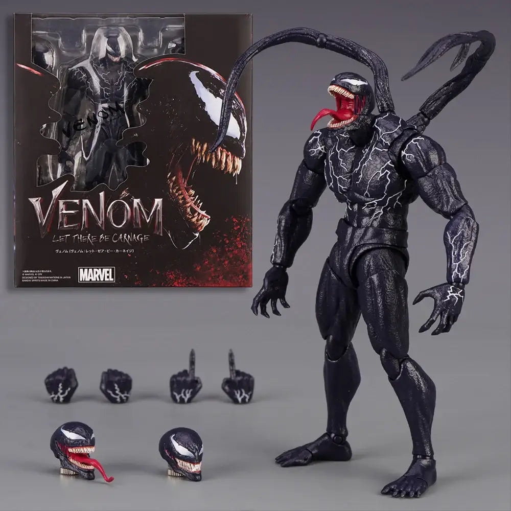 Figuine venom marvel legends noire avec motifs blancs éclairs langue rouge présentée avec son emballage collection marvel legends