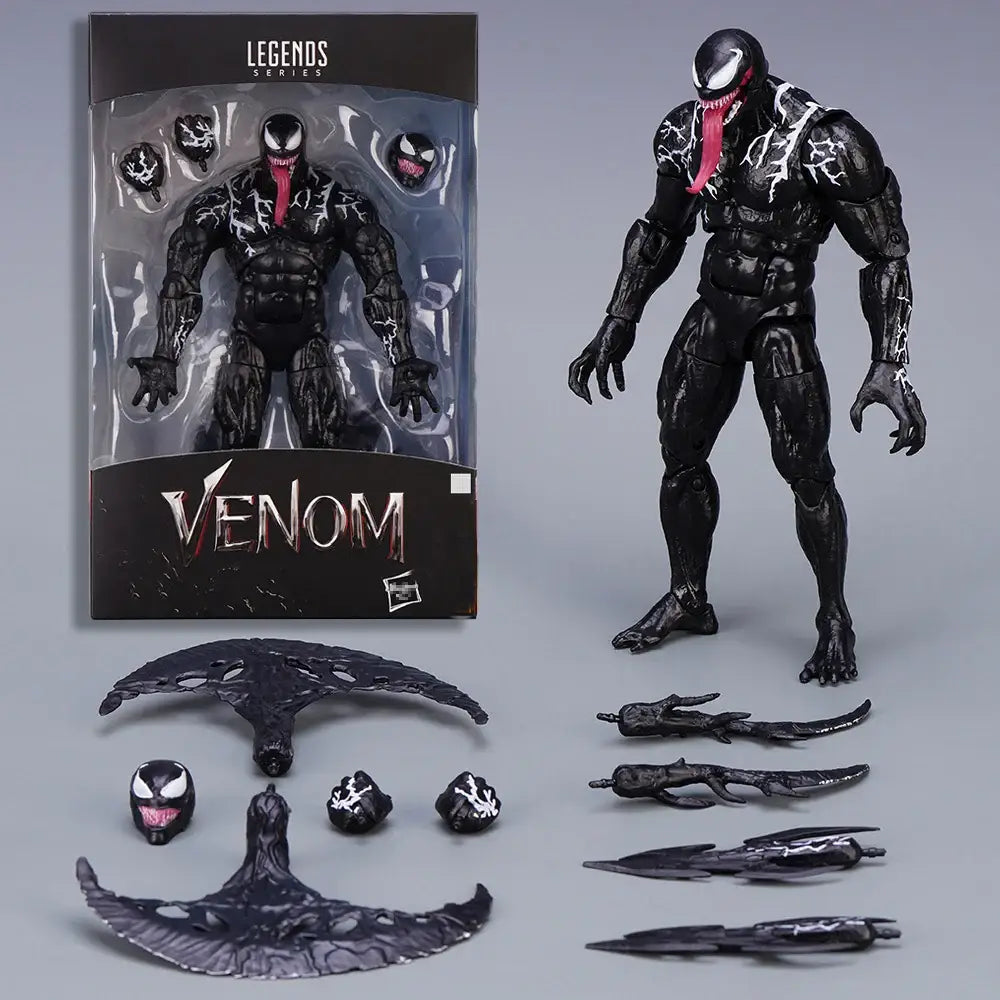 Figurine venom marvel legends noire avec motifs blancs éclairs et langue rouge en boîte collection marvel legends