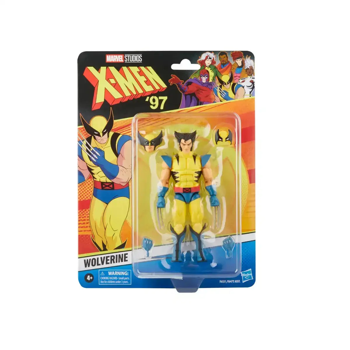 Figurine articulée wolverine x-men 97 jaune et bleu avec têtes interchangeables et griffes pour pose dynamique