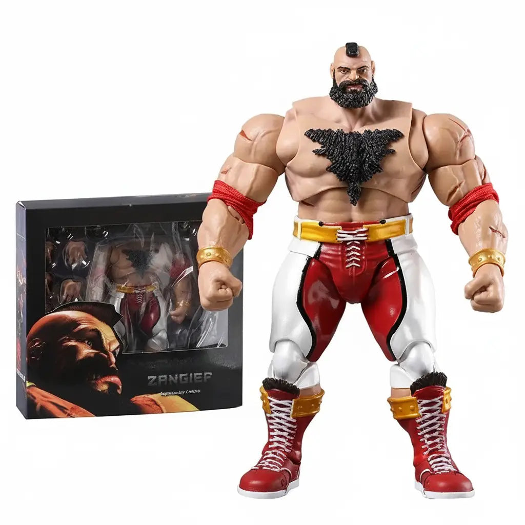 Figurine zangief street fighter lutteur russe musclé tan avec barbe et tenues de lutte rouge blanc or personnage emblématique