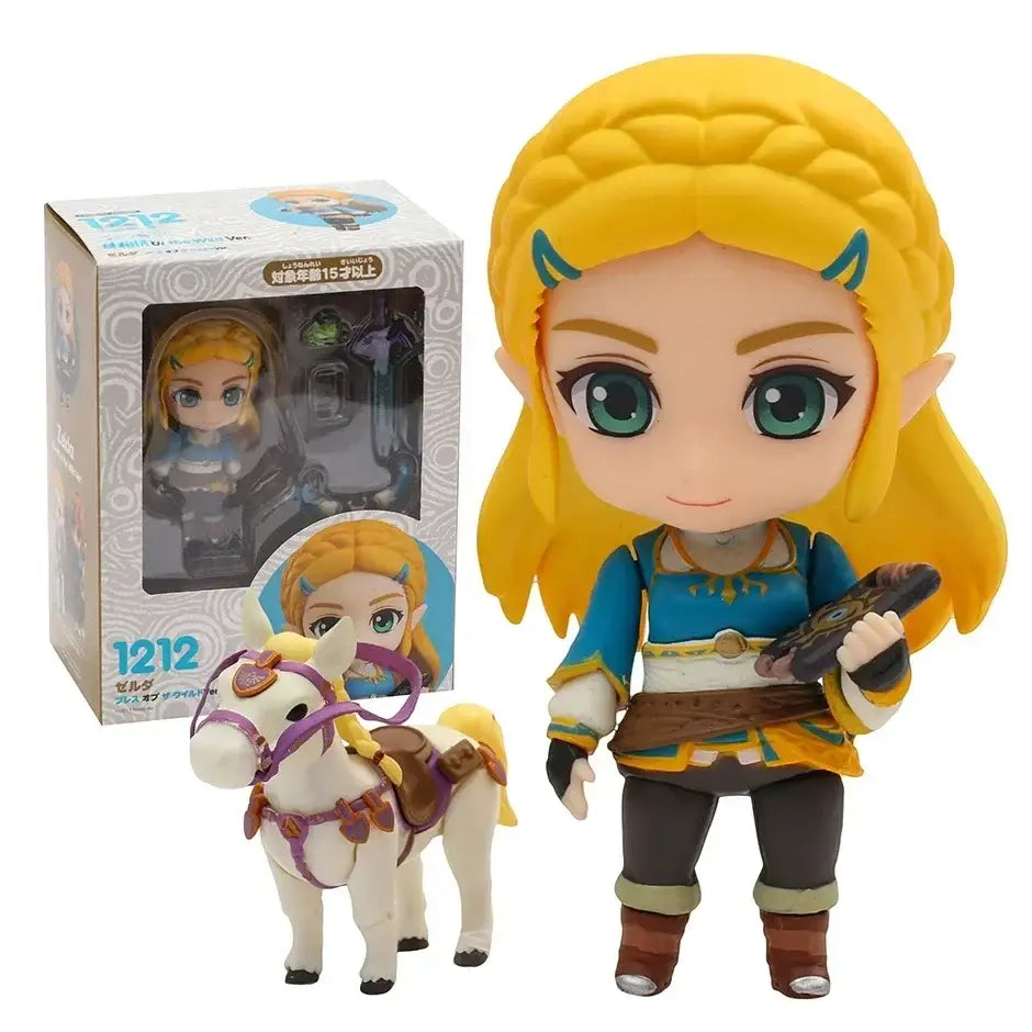 Figurine zelda breath of the wild chibi avec cheveux dorés tressés yeux teal tenue bleu et jaune tenant une épée