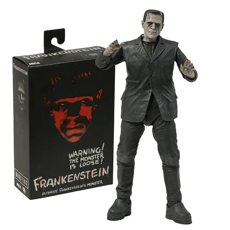 Figurines articulées frankenstein noir en plastique avec poses dynamiques frankenstein et points d’articulation horreur, présenté avec emballage