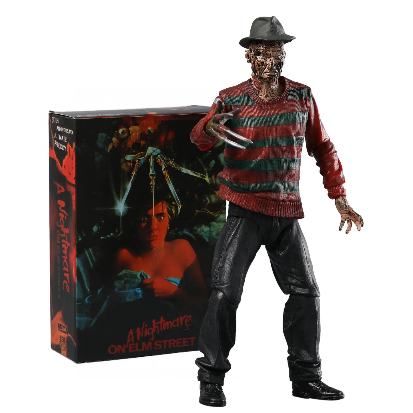 Figurine articulée freddy krueger 31e anniversaire avec points d’articulation, pull rayé rouge et vert, pantalon noir et griffes métalliques