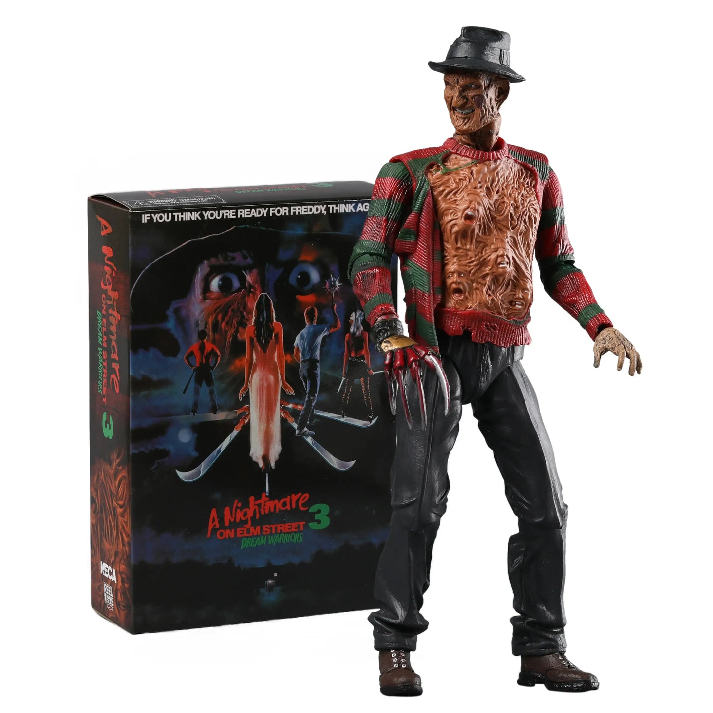 Figurine articulée freddy krueger avec points d’articulation, pull rayé rouge et vert, pantalon noir et gants griffus