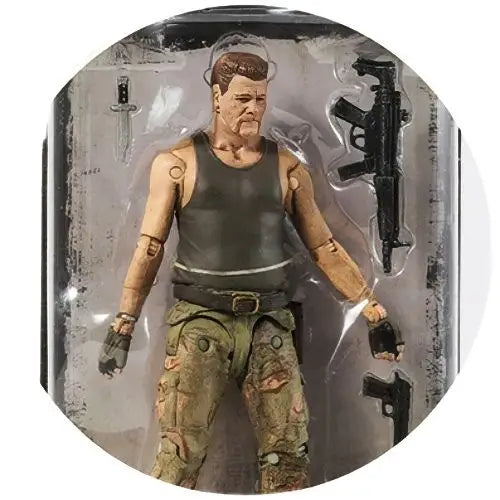Figurines walking dead action figure homme robuste en pantalon camouflage vert olive tenant deux fusils noirs