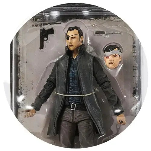 Figurine walking dead avec manteau noir imitation cuir et boucle argentée dans emballage plastique transparent
