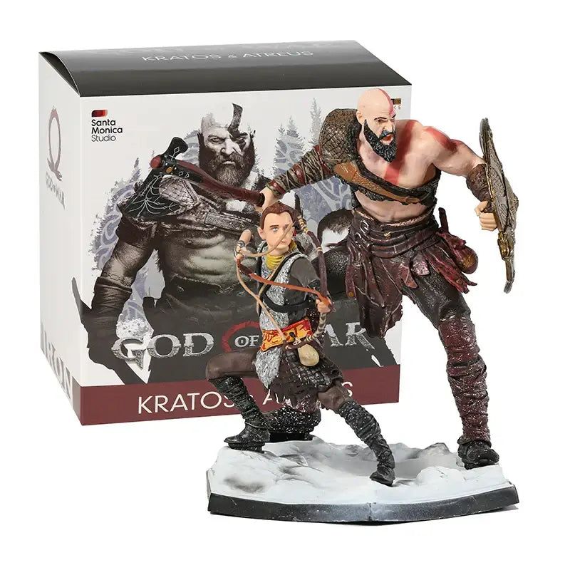 Figurines god of war kratos et atreus en résine détaillée avec armures complexes et textures usées tons noir rouge et brun