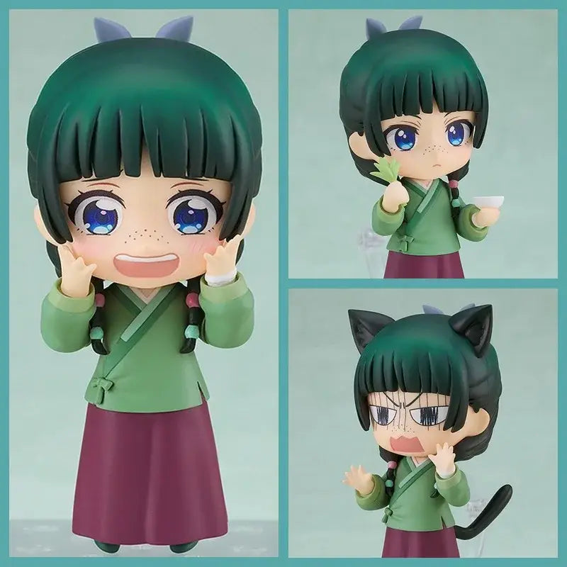 Figurine chibi les carnets de l’apothicaire avec cheveux verts détails soignés déguisement carnaval boîte illustrée