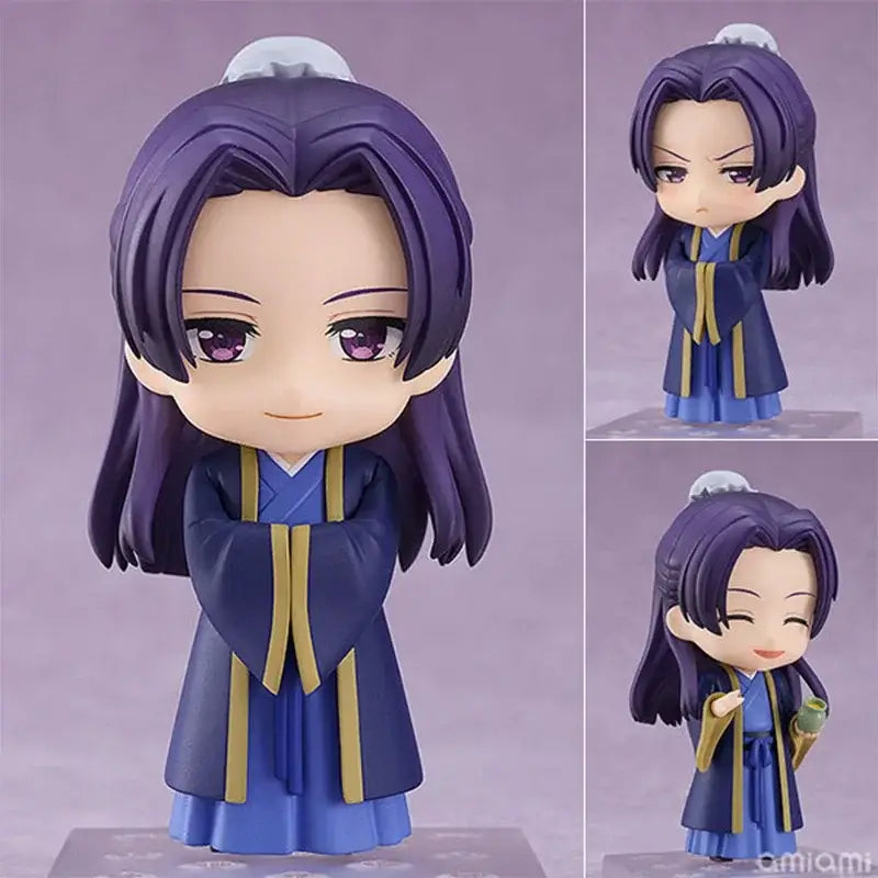 Figurine purple-haired en robe traditionnelle bleue et or avec accessoire blanc dans les carnets de l’apothicaire avec détails soignés boîte illustrée idéale pour déguisement carnaval