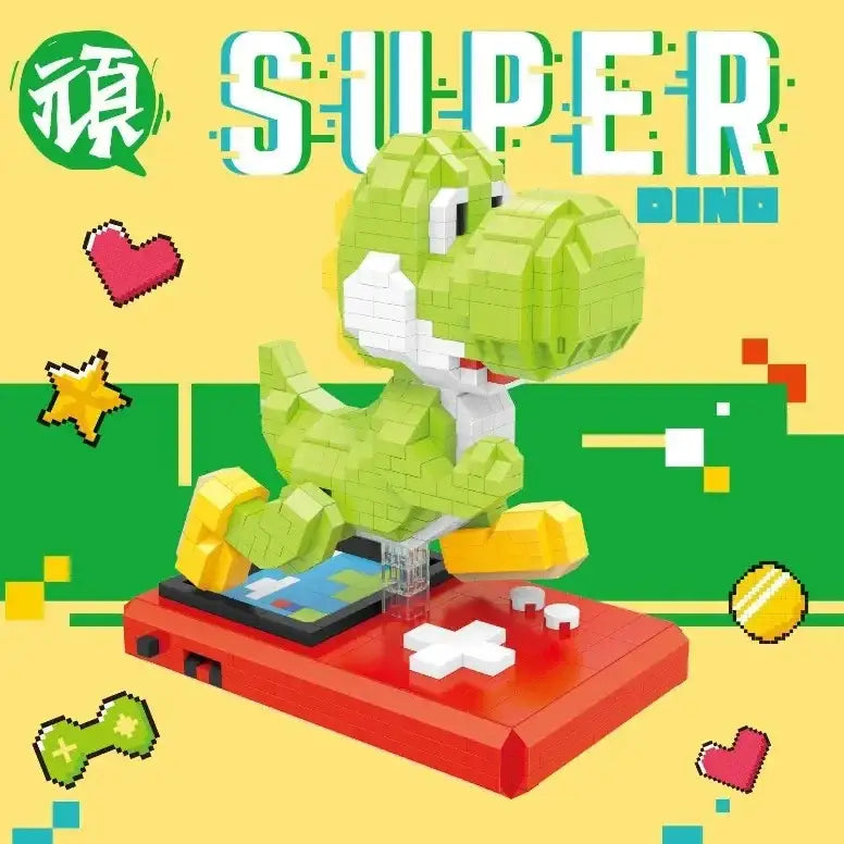 Figurines micro blocs super mario yoshi en briques mini, vert et blanc, posé sur console rouge nintendo ds