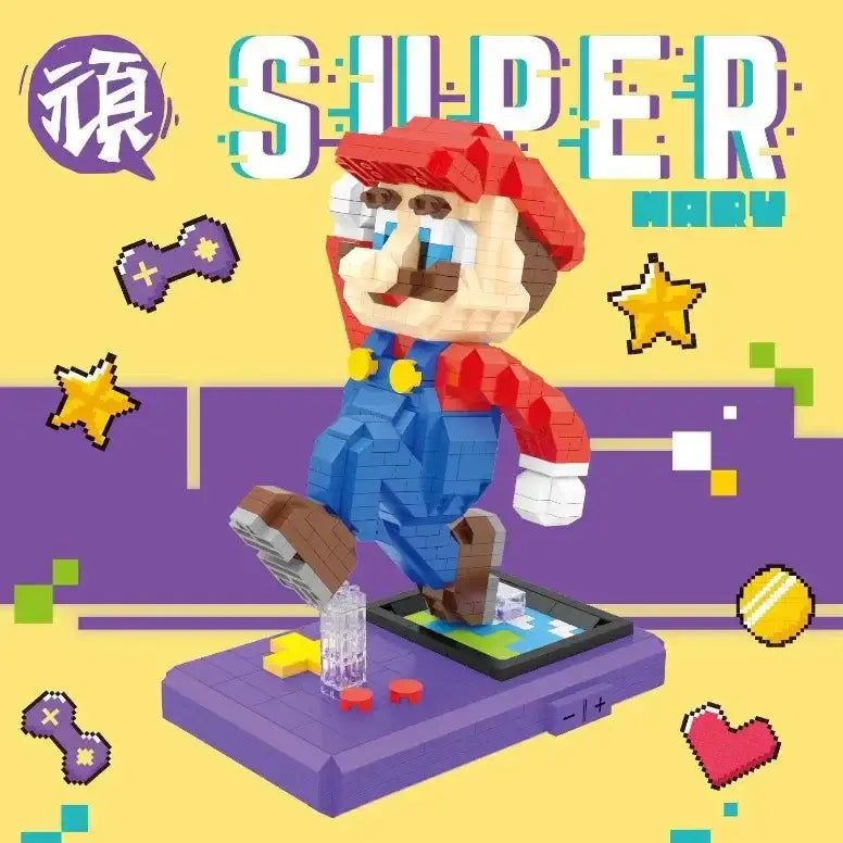 Figurine super mario yoshi en mini briques colorées assemblées en micro blocs représentant mario en rouge et bleu