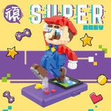 Figurine super mario yoshi en mini briques colorées assemblées en micro blocs représentant mario en rouge et bleu