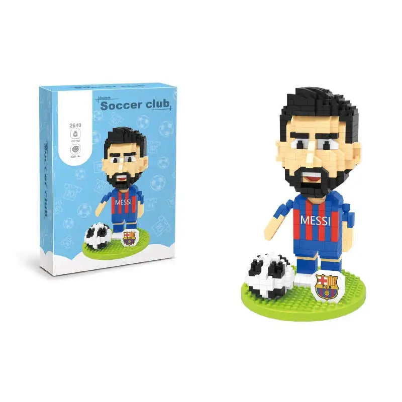 Figurines micro blocs d un lionel messi pixelisé en maillot fc barcelona bleu et rouge avec ballon de foot noir et blanc