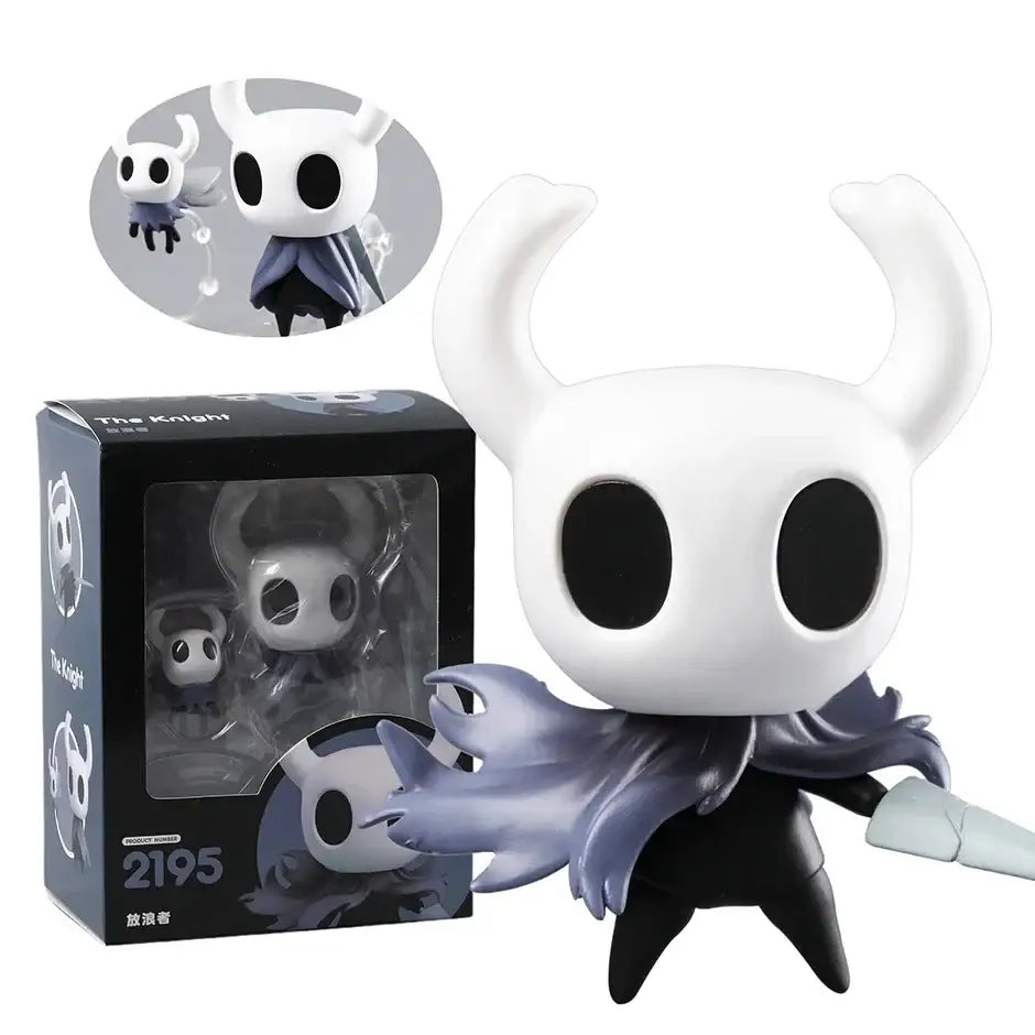 Figurines nendoroid hollow knight modèle emblématique héros silencieux en noir et blanc avec grandes yeux ronds et oreilles en corne