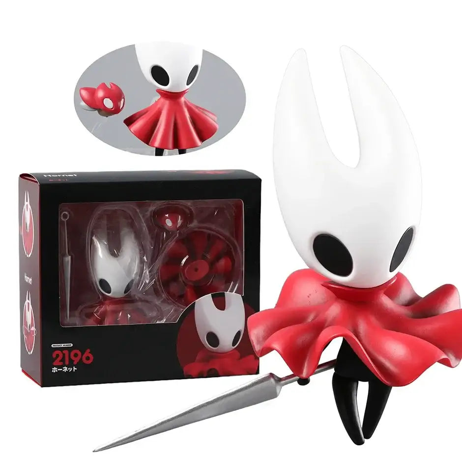Figurines nendoroid hollow knight présentant un héros silencieux blanc et rouge avec cape et épée argentée