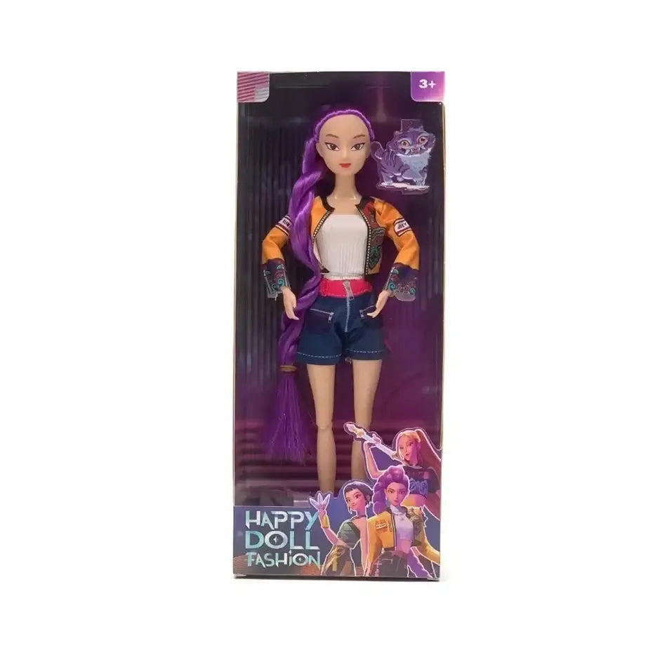 Figurines poupées poupées kpop kpop demon hunters doll aux cheveux violets en veste orange et noire avec short en jean