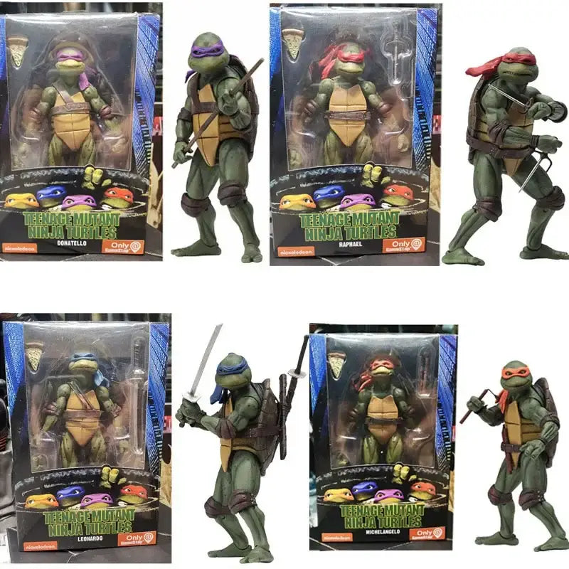Figurines tortues ninja en plastique vert détaillées avec bandanas colorés et armes caractéristiques des personnages