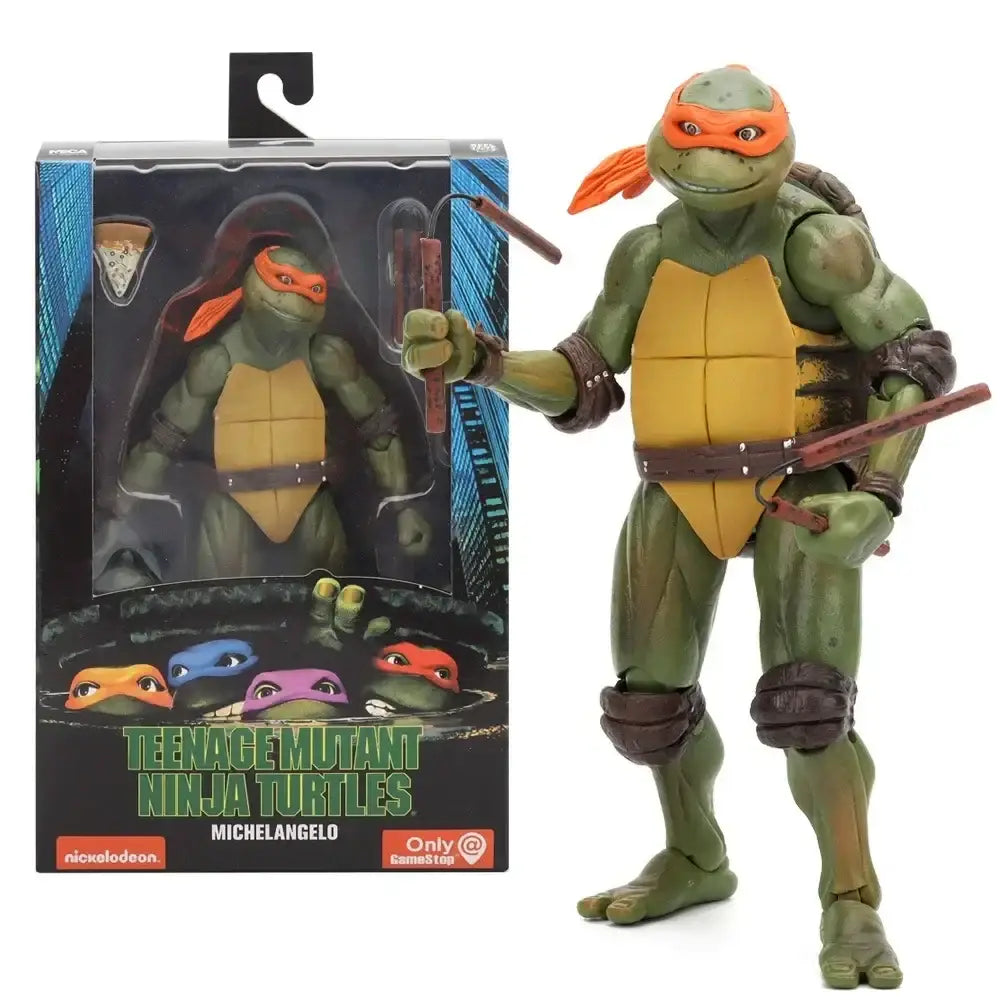 Figurines tortues ninja orange-masqué michelangelo avec peau verte et carapace jaune tenant des nunchakus en plastique