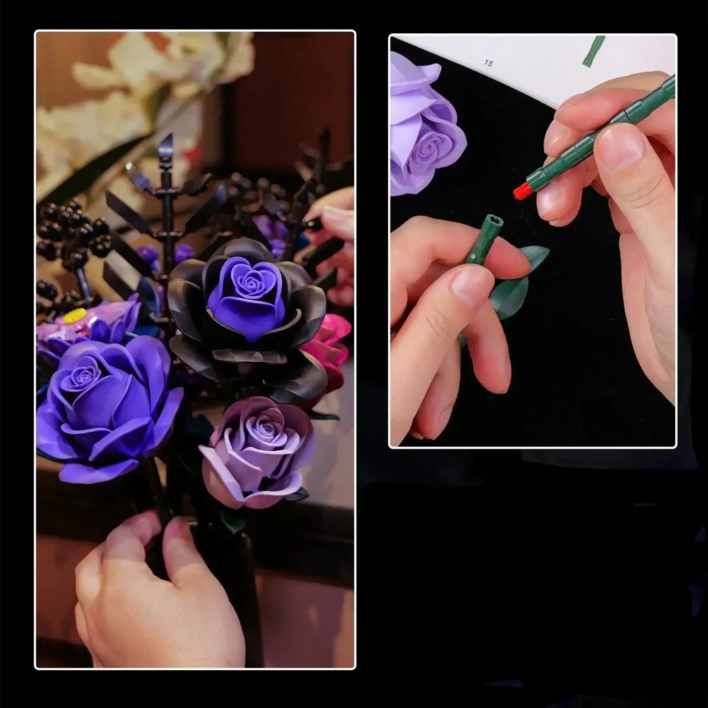 Assemble-it-yourself brick flowers, pink and purple