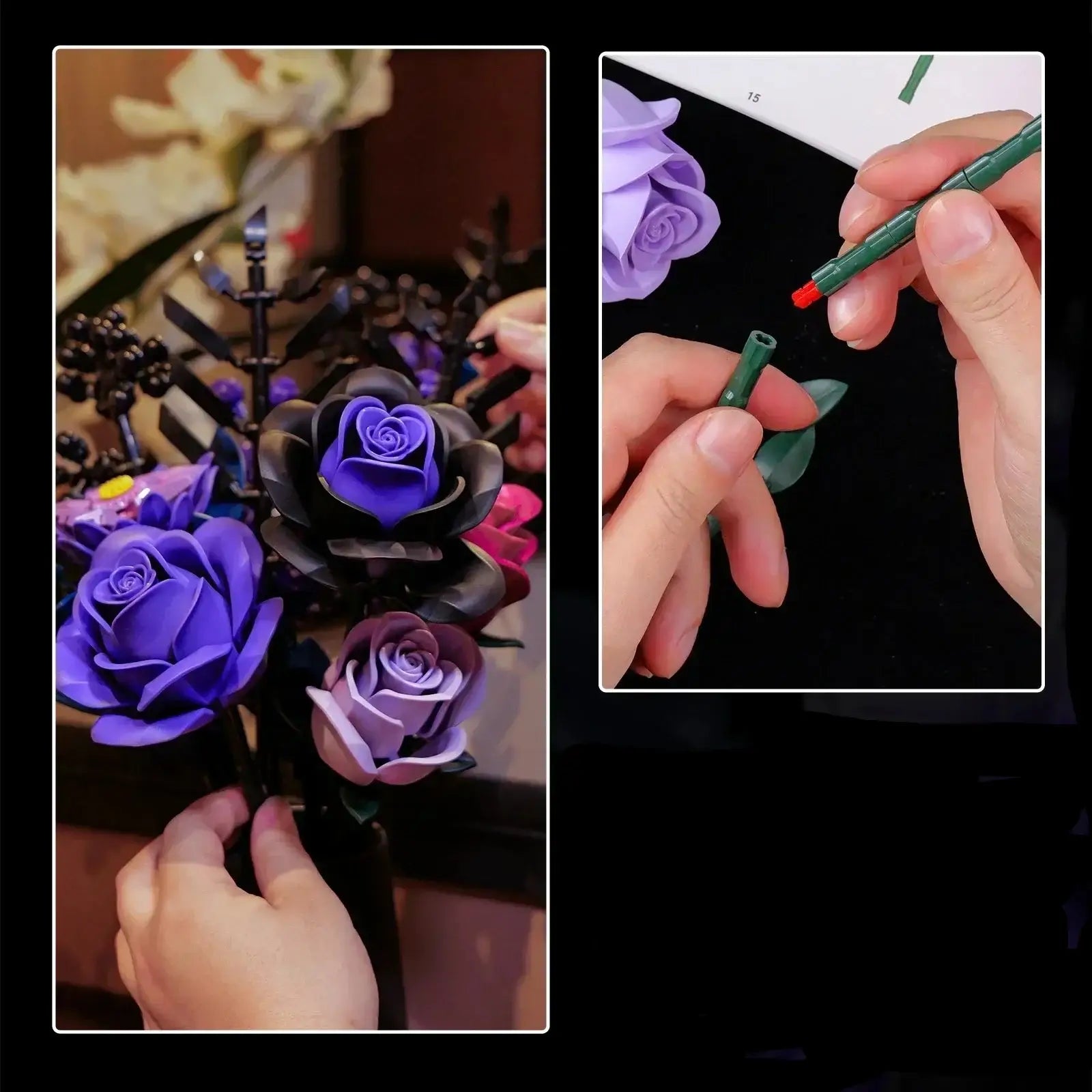 Assemble-it-yourself brick flowers, pink and purple
