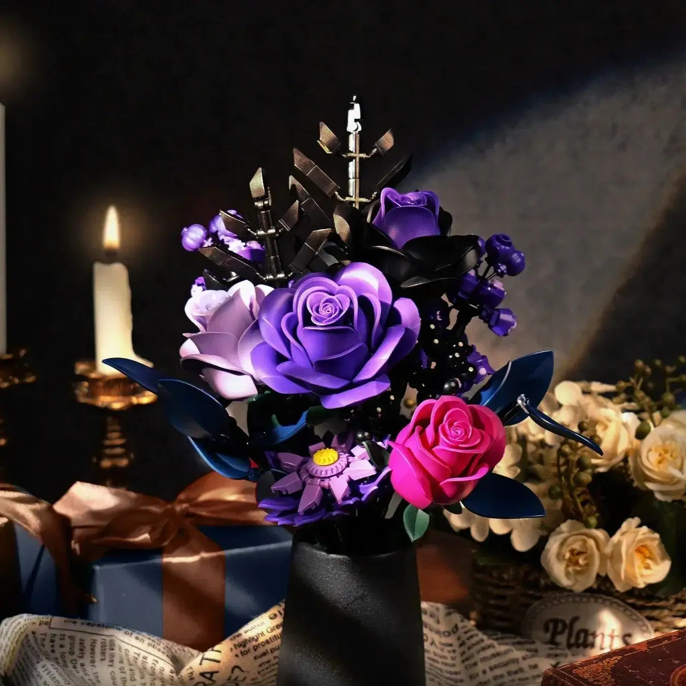 Assemble-it-yourself brick flowers, pink and purple