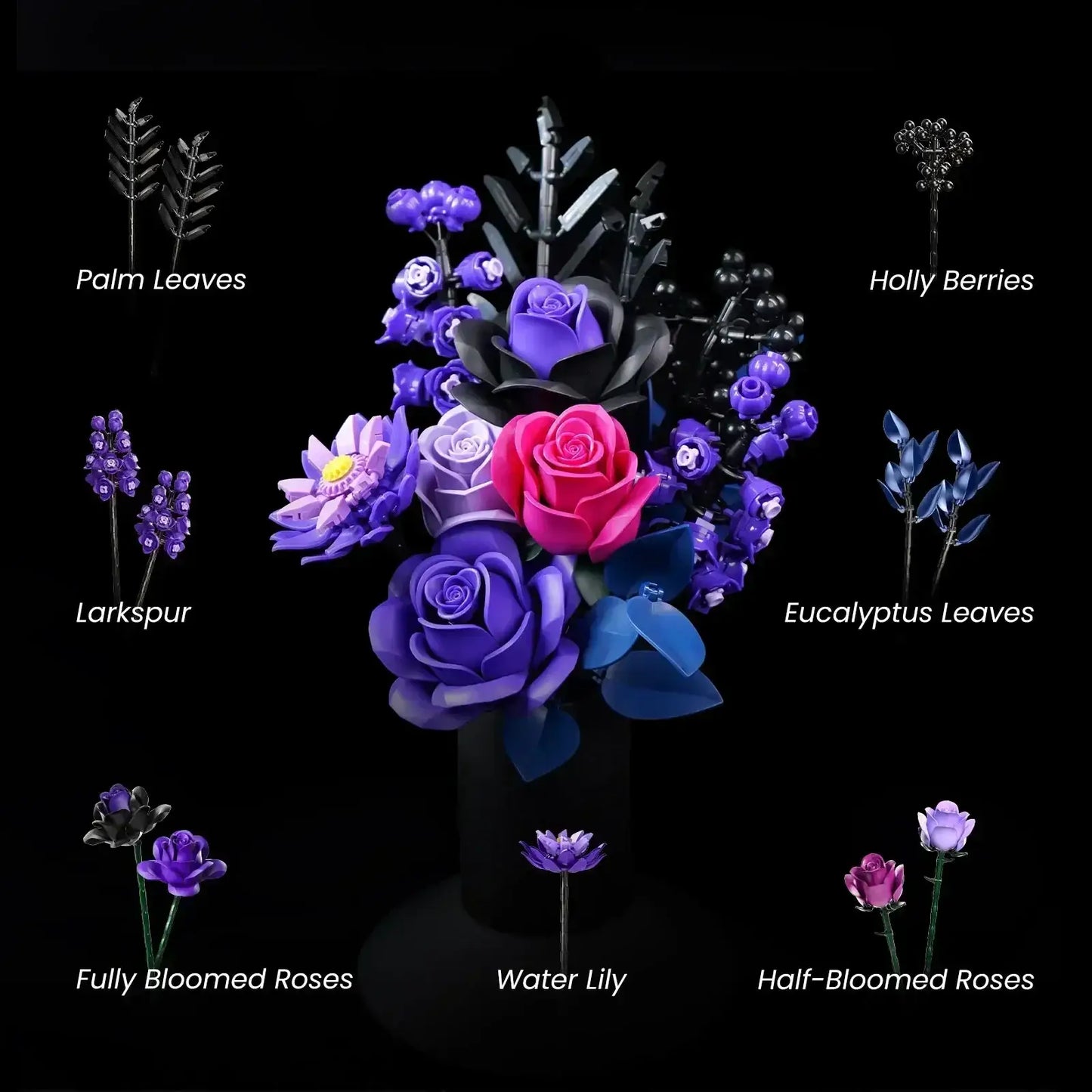 Assemble-it-yourself brick flowers, pink and purple