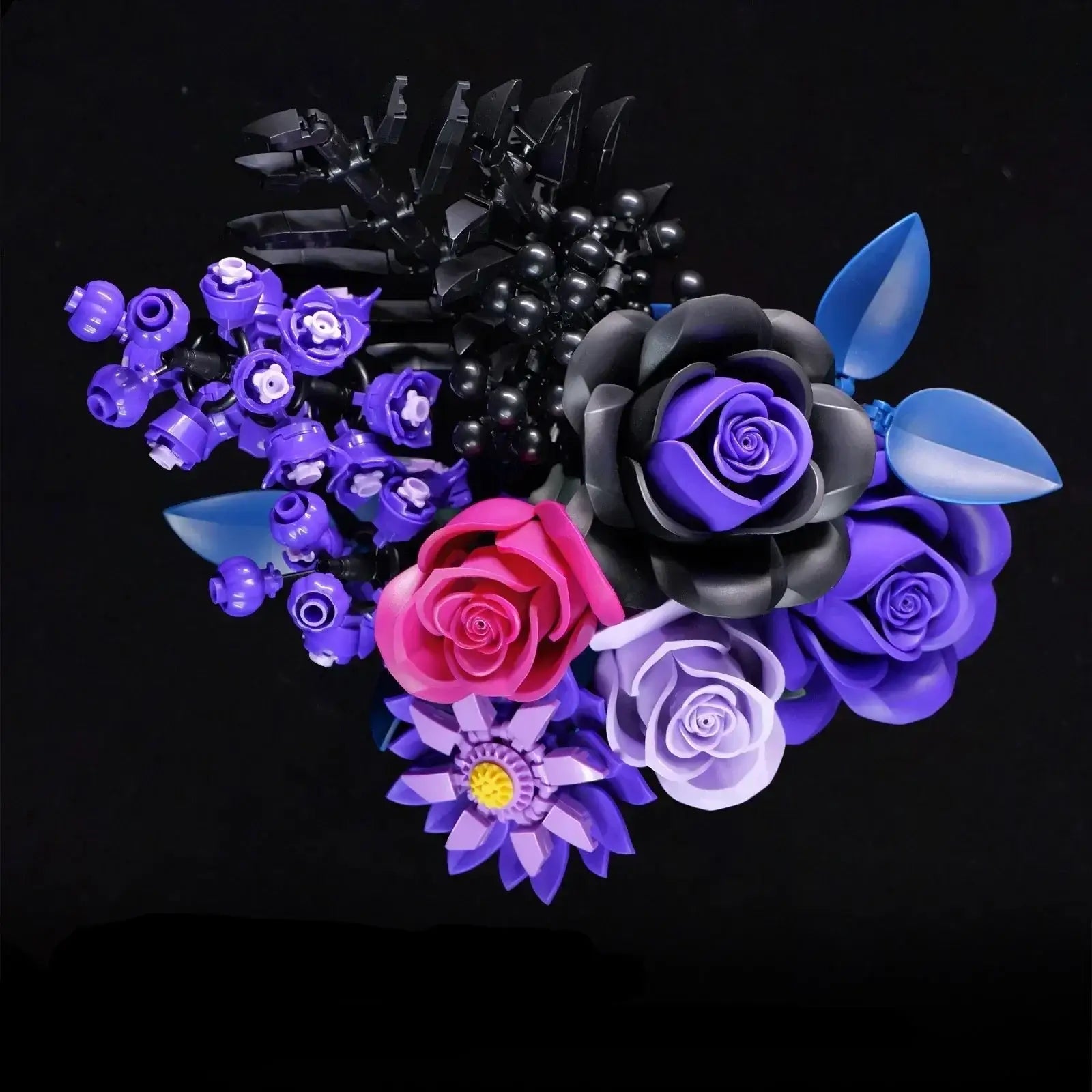 Assemble-it-yourself brick flowers, pink and purple