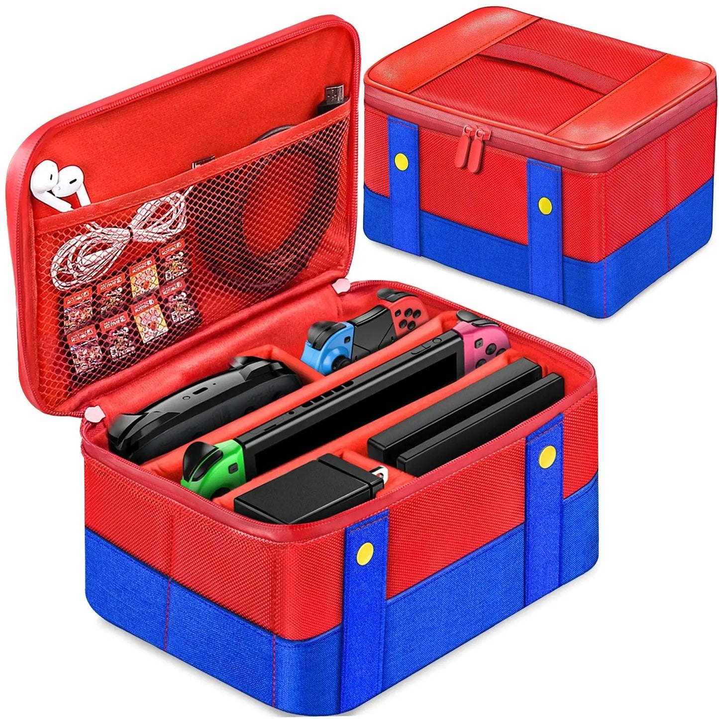 Sac mario protection rouge et bleu pour protection nintendo switch oled avec intérieur en mesh organisé