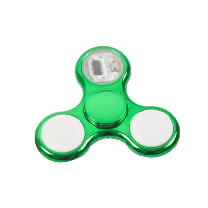 Hand spinner lumineux pour enfants vert métallique avec sections blanches et circuit imprimé visible au centre