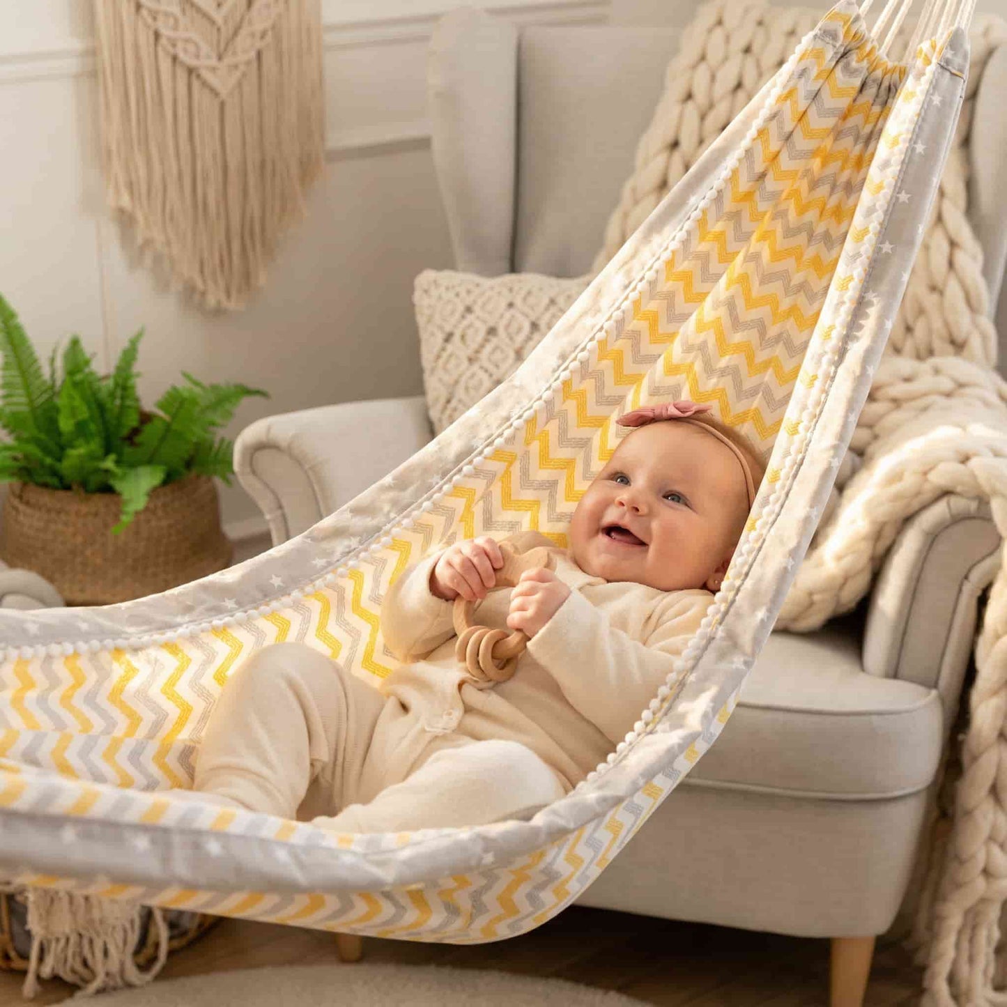 Altalena a dondolo Amaca Macramè per neonati Nordic Zen™ (Interno/Esterno)