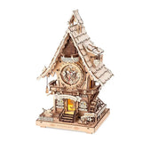 Horloge coucou bois intricately carved with light brown panels and traditional house design featuring mechanical bird