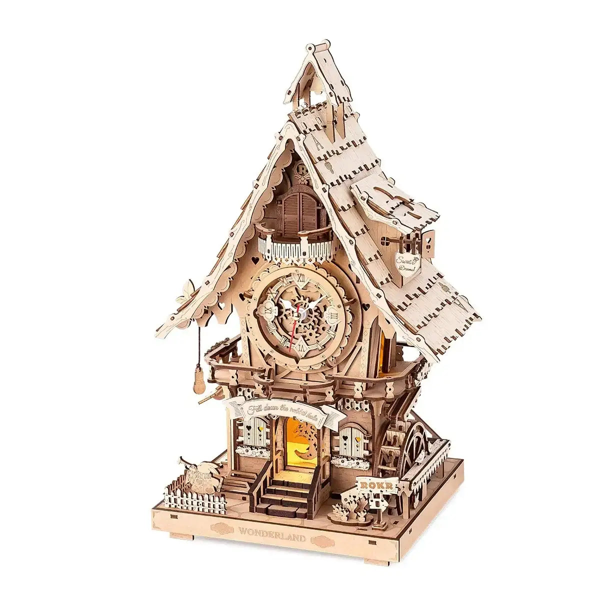 Horloge coucou bois intricately carved with light brown panels and traditional house design featuring mechanical bird