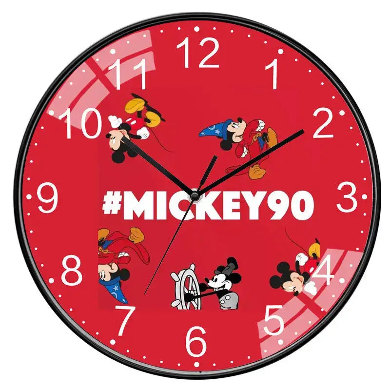 Horloge murale disney mickey rouge avec cadre noir et illustrations de mickey mouse #mickey90 en texte blanc