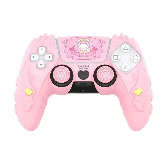 Housse manette ps5 en silicone rose avec design cartoon et accents coeur jaune pour protection personnalisée