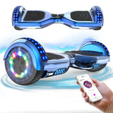 Hoverboard lumineux musical bleu chrome avec lumières led sur roues et plateau et haut-parleurs bluetooth intégrés