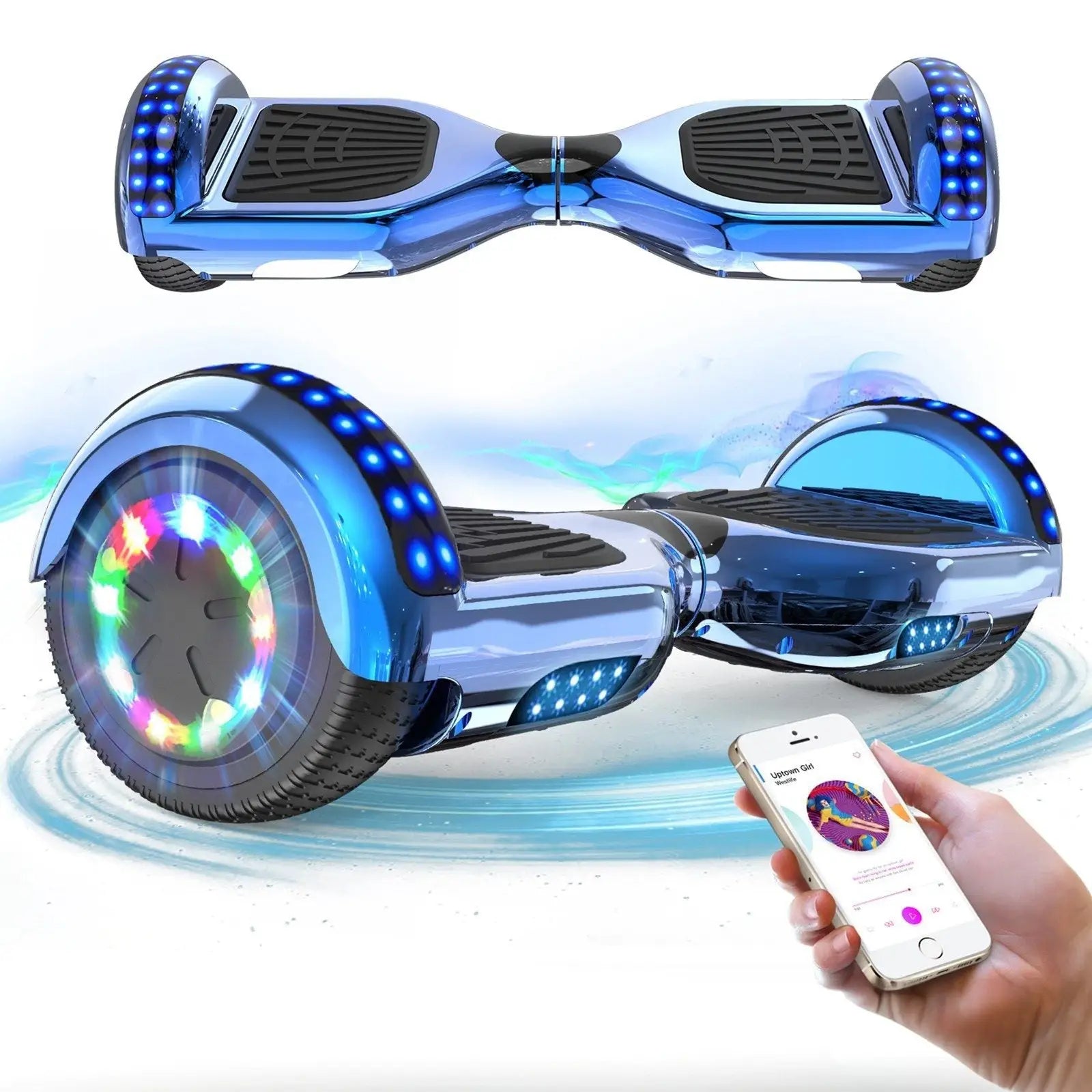 Hoverboard lumineux musical bleu chrome avec lumières led sur roues et plateau et haut-parleurs bluetooth intégrés