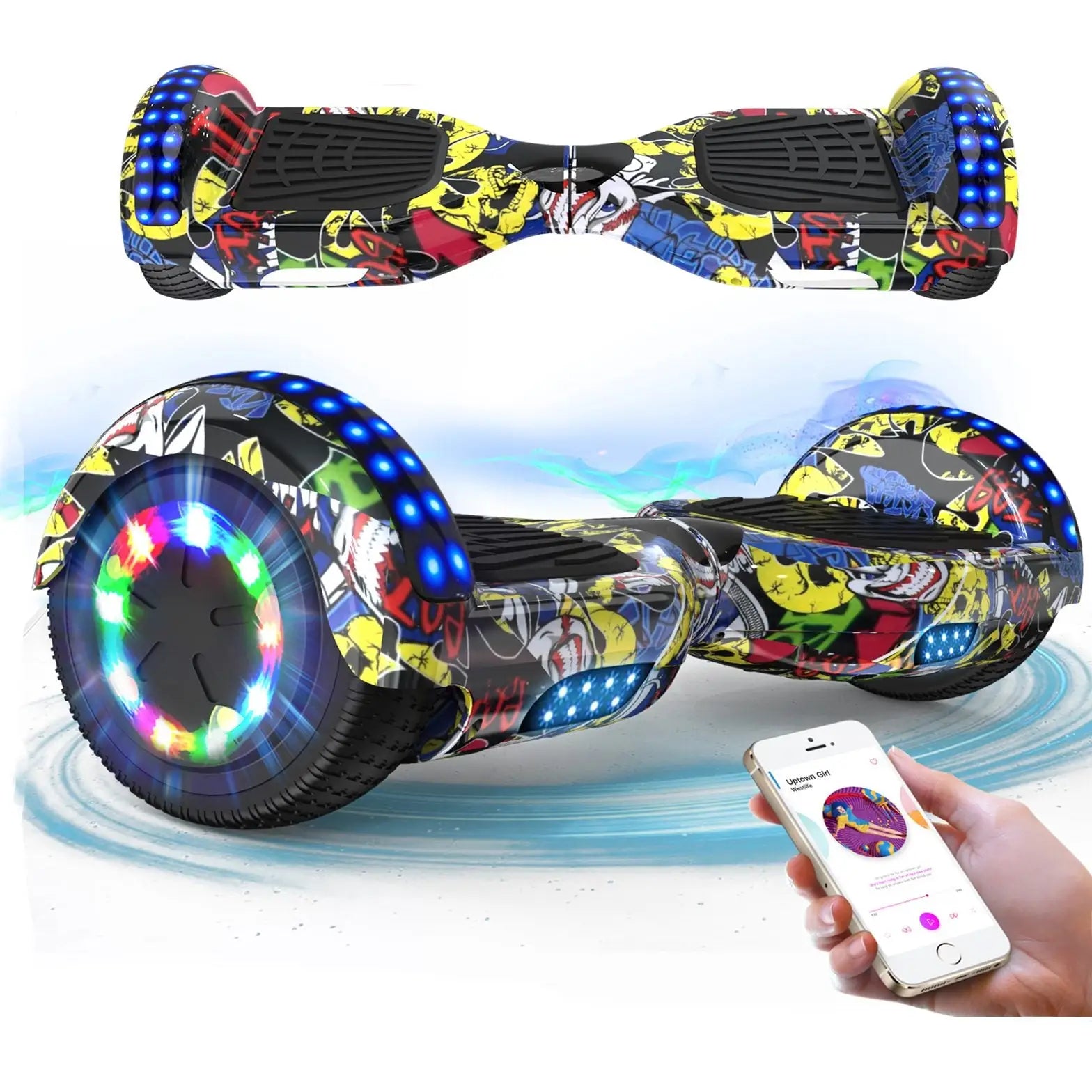 Hoverboard lumineux musical pour enfant avec haut-parleurs bluetooth intégrés et lumières led colorées autour des roues