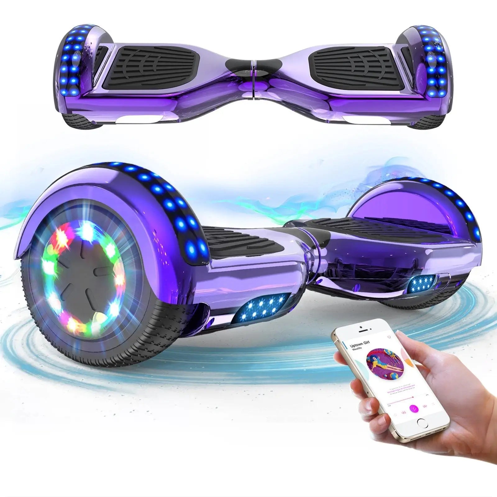 Hoverboard lumineux musical pour enfant en violet avec lumières led multicolores et haut-parleurs bluetooth intégrés