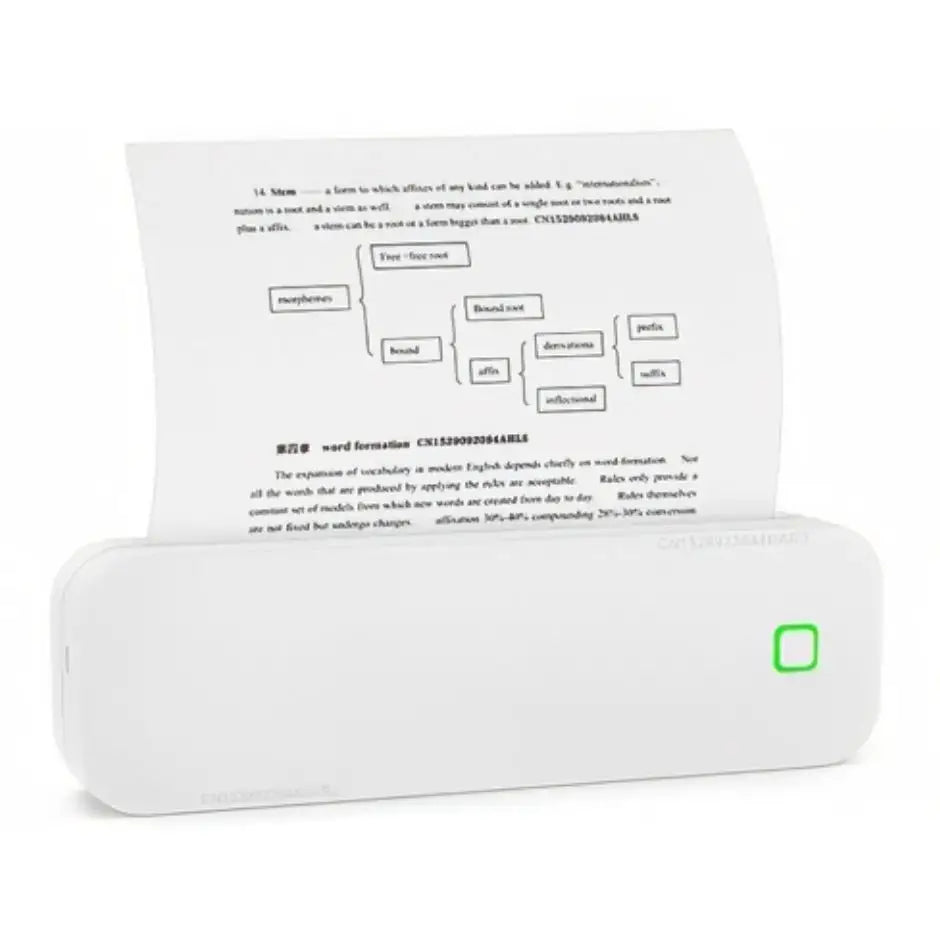 Imprimante thermique portable a4 blanche avec voyant vert imprimant une feuille de contenu éducatif