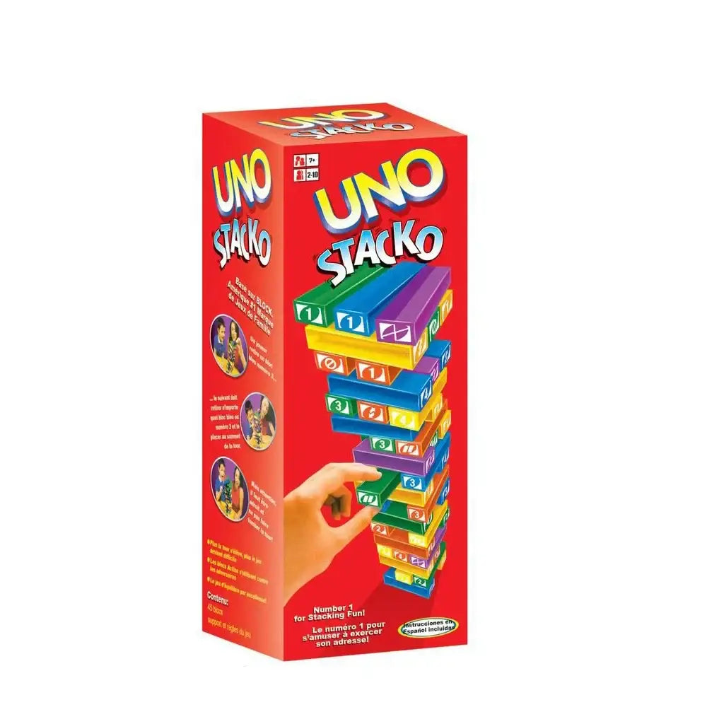 Boîte en carton rouge pour jeu uno stacko avec tour colorée de blocs plastiques pour jenga revisité