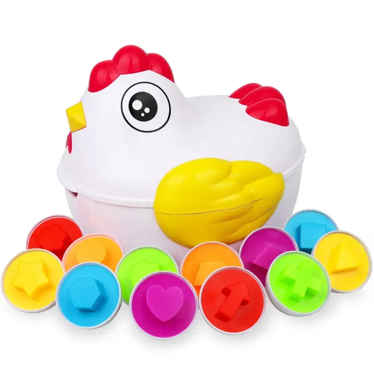 Jouet éducatif montessori en plastique blanc en forme de poule avec couvercle charnière et formes géométriques colorées pour éveil sensoriel montessori