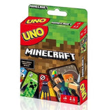 Boîte de jeu carte uno minecraft avec graphismes pixelisés et couleurs vert, marron, rouge, jaune pour une aventure palpitante dans l’univers cubique
