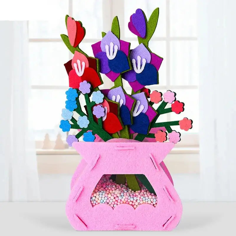 Jeu construction fleurs en pot avec compositions florales uniques en feutre rose vif et tiges vertes pour jardin enchanté