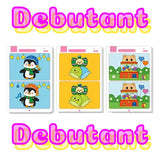 Jeu de cartes des 7 erreurs avec cartes cartoon colorées de pingouins chiens en noeuds et ours à la machine à pince