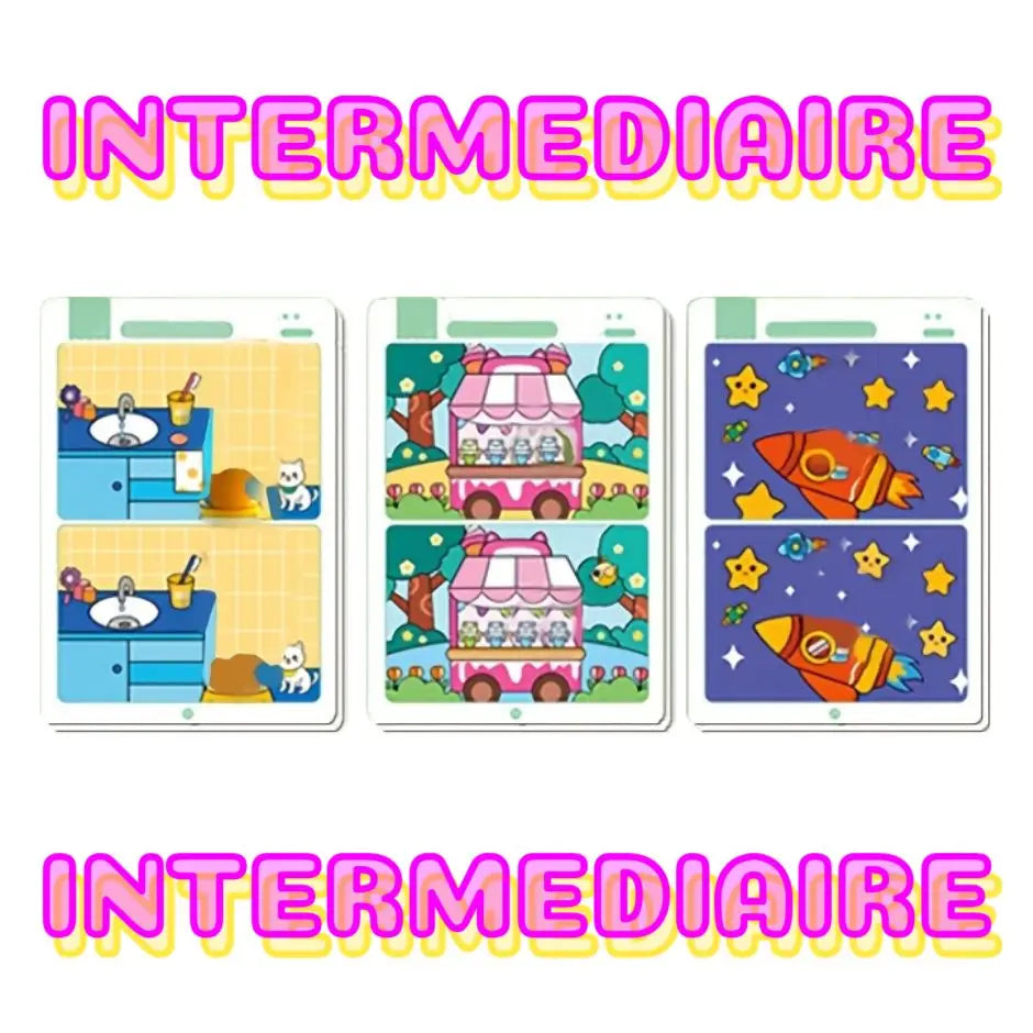 Jeu de cartes des 7 erreurs avec trois cartes illustrées jeu classique scènes de salle de bain camion glace et fusées