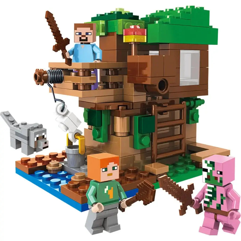 Jeu de construction ferme minecraft avec arbre en briques marron et vert pour développer motricité fine enfant jouet éducatif interactif