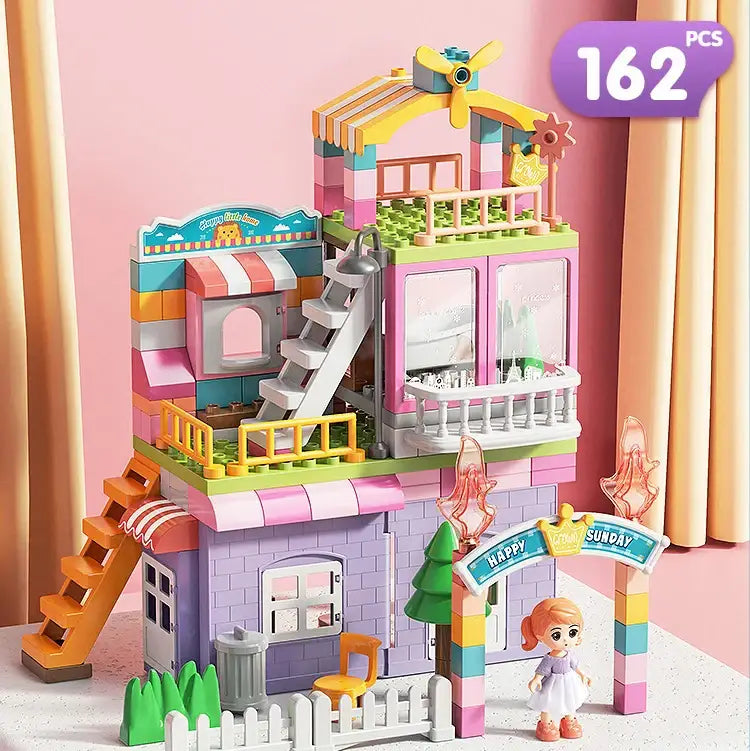 Jeu de construction maison fille avec murs pastel, auvent rayé et figurine pour maison de poupée colorée