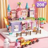 Jeu de construction maison fille avec château multicolore en lego pastel rose violet et accessoires miniatures