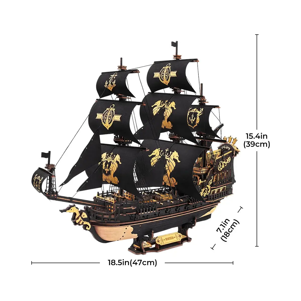 Modèle de jouet bateau pirate noir et or avec détails ornés pour jeu de construction navire de guerre pirate