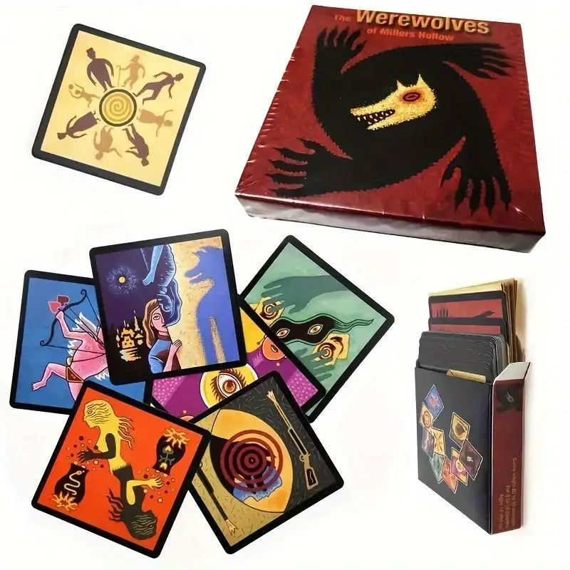 Jeu du loup-garou de thiercelieux avec illustration noire de loup-garou sur fond rouge pour société d’ambiance village ensorcelé